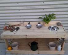 Load image into Gallery viewer, Smaller mud kitchen. Play bench with two play bowls.
